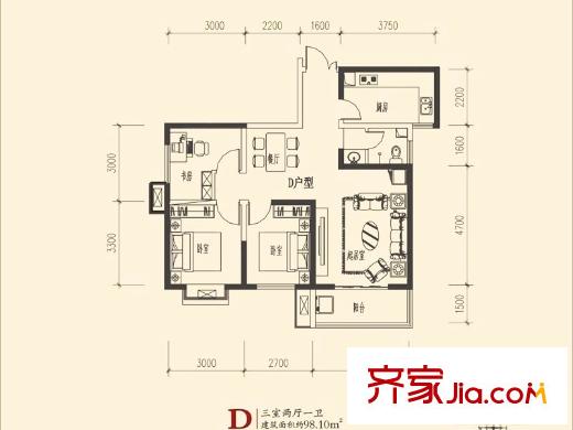 萬象嘉城3號(hào)樓D戶型 3室2廳1衛(wèi)1廚