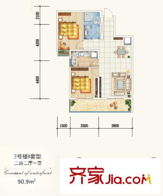 觀瀾天下3#樓B戶型 2室2廳1衛(wèi)1廚