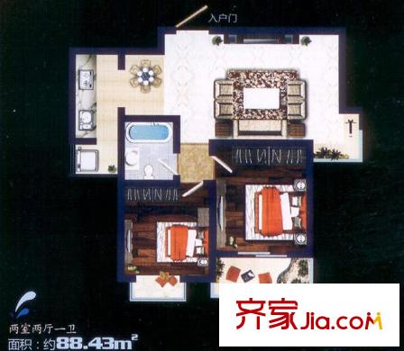 紫郡觀瀾1、2、3號(hào)樓B戶型 2室2廳1衛(wèi)1廚