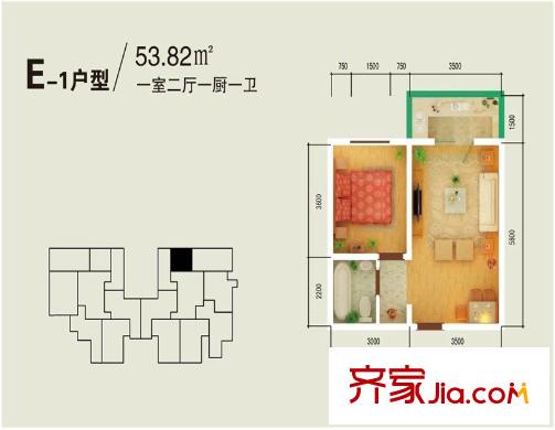 哈佛印象1#E-1戶型 1室2廳1衛(wèi)1廚