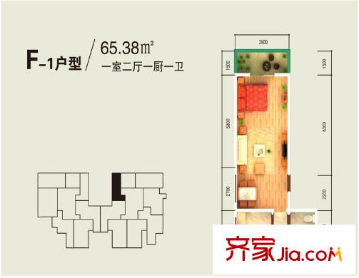 哈佛印象1#F-1(1)戶型 1室2廳1衛(wèi)1廚