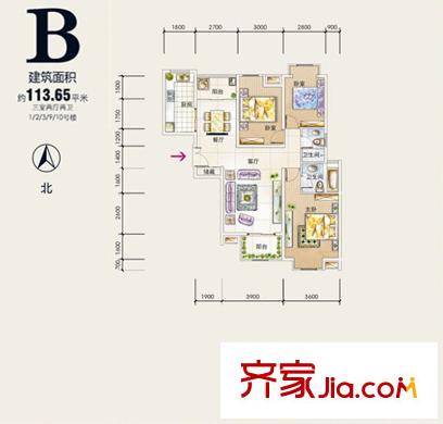 鹿苑5號(hào)公館B戶型 3室2廳2衛(wèi)1廚