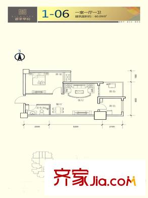 御筆華府1號樓1-06戶型 1室1廳1衛(wèi)1廚