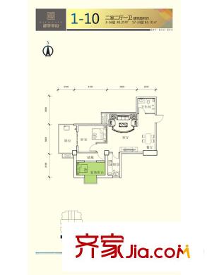御筆華府1號樓1-10戶型 2室2廳1衛(wèi)1廚