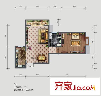 林河春天2期愛度筑區(qū)G1戶型 1室2廳1衛(wèi)1廚