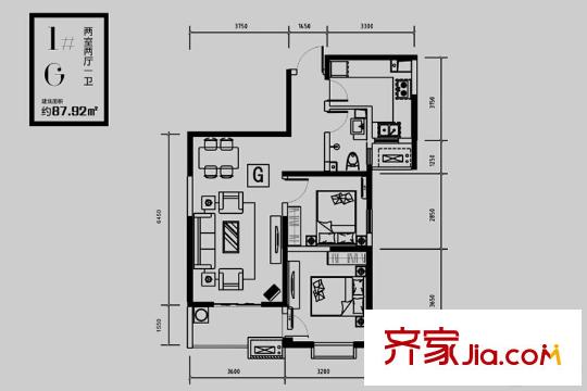 林河春天2期愛(ài)度筑區(qū)二期1號(hào)樓G戶型 2室2廳1衛(wèi)1廚