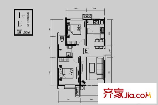 林河春天2期愛(ài)度筑區(qū)二期1號(hào)樓E戶型 2室2廳1衛(wèi)1廚