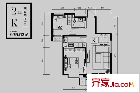 林河春天2期愛度筑區(qū)二期2號樓K戶型 2室2廳1衛(wèi)1廚