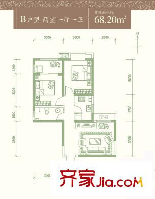 浩林?方里1號樓2單元 6號樓1/2單元 B戶型 2室1廳1衛(wèi)1廚
