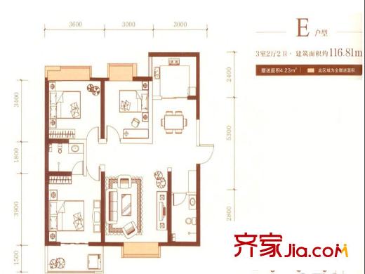 浩林?方里3號樓E戶型  3室2廳2衛(wèi)1廚