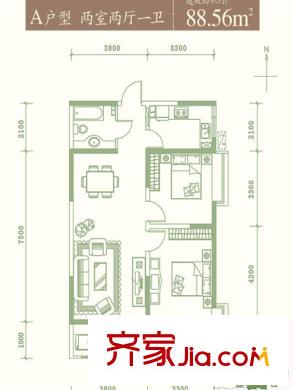 浩林?方里6號樓A戶型 2室2廳1衛(wèi)1廚