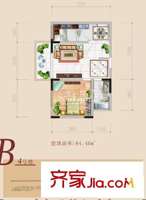 安誠御花苑B戶型圖 已售完 1室1廳1衛(wèi)1廚