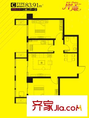 雍河院?岸戀4號(hào)樓C戶型平面圖 2室2廳1衛(wèi)1廚