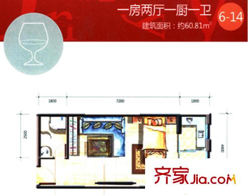 大話南門項(xiàng)目6號(hào)樓6-14戶型 1室2廳1衛(wèi)1廚