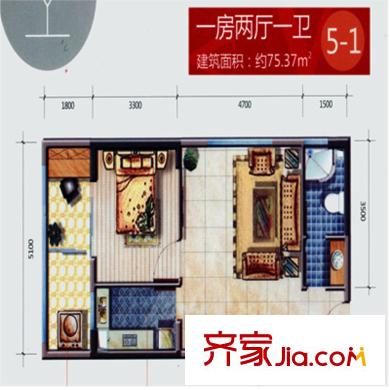 大話南門項(xiàng)目5號(hào)樓5-1戶型 1室2廳1衛(wèi)1廚