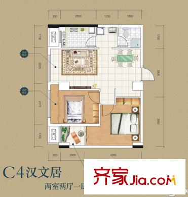 錦源?漢序3號(hào)樓C4戶型 2室2廳1衛(wèi)1廚