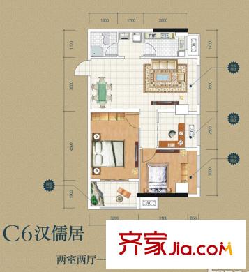 錦源?漢序3號樓C6戶型 2室2廳1衛(wèi)1廚