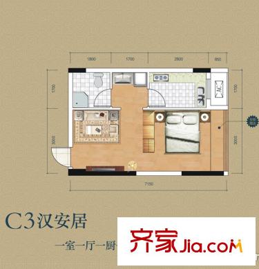 錦源?漢序3號(hào)樓C3戶型 1室1廳1衛(wèi)1廚