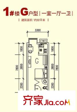 中國?鐵建瑞園1號(hào)樓G戶型 1室1廳1衛(wèi)1廚