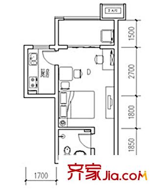 中國?鐵建瑞園1號(hào)樓304室標(biāo)準(zhǔn)層戶型圖 1室1衛(wèi)1廚