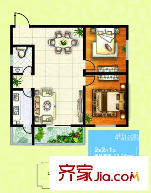 濱河御園4號樓A1戶型 2室2廳1衛(wèi)1廚