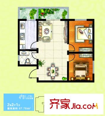 濱河御園4號樓B1戶型 2室2廳1衛(wèi)1廚