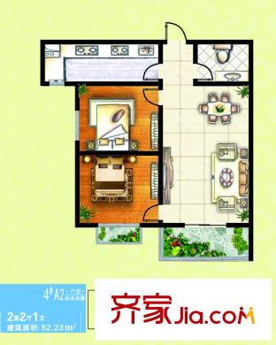 濱河御園4號樓A2戶型 2室2廳1衛(wèi)1廚