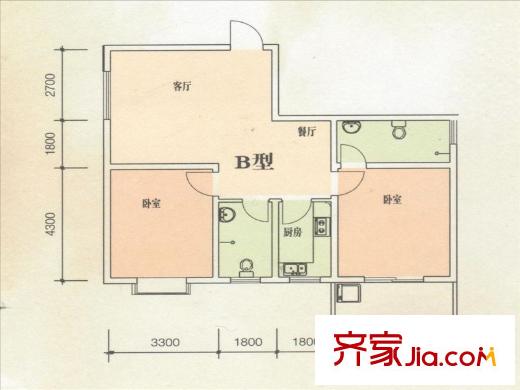 東方綠洲B戶(hù)型 2室2廳2衛(wèi)1廚