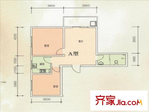 東方綠洲A戶(hù)型 2室2廳1衛(wèi)1廚
