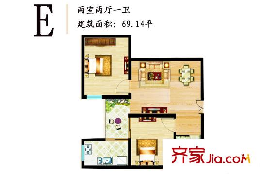 東方綠洲18號(hào)樓E戶(hù)型 2室2廳1衛(wèi)1廚