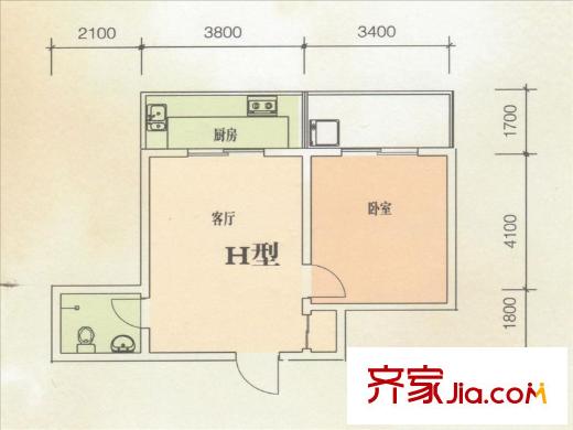 東方綠洲H戶(hù)型 1室1廳1衛(wèi)1廚
