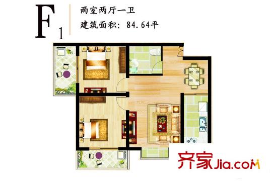 東方綠洲18號(hào)樓F1戶(hù)型 2室2廳1衛(wèi)1廚