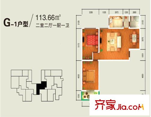 哈佛印象1#G-1戶型 2室2廳1衛(wèi)1廚