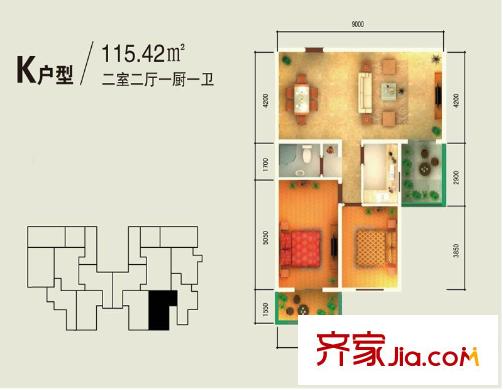 哈佛印象1#K戶型 2室2廳1衛(wèi)1廚