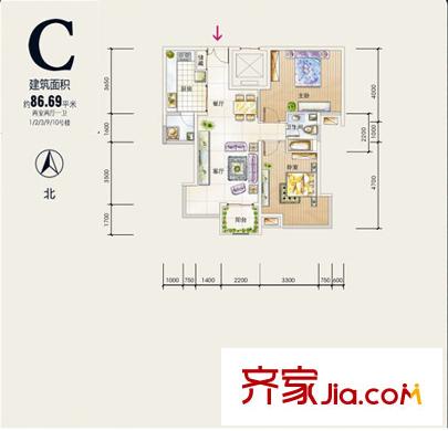 鹿苑5號(hào)公館C戶型 2室2廳1衛(wèi)1廚
