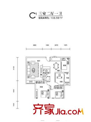 東晉桃源?縉福源14號(hào)樓C1戶型圖 3室2廳1衛(wèi)1廚