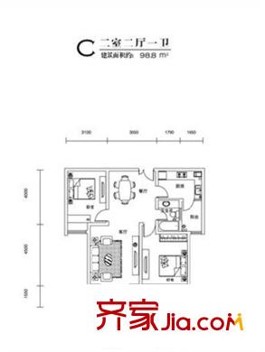 東晉桃源?縉福源13號樓C戶型圖 2室2廳1衛(wèi)1廚