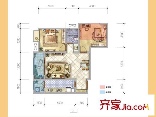 普華淺水灣熙岸8號樓 C1戶型 2室2廳1衛(wèi)1廚