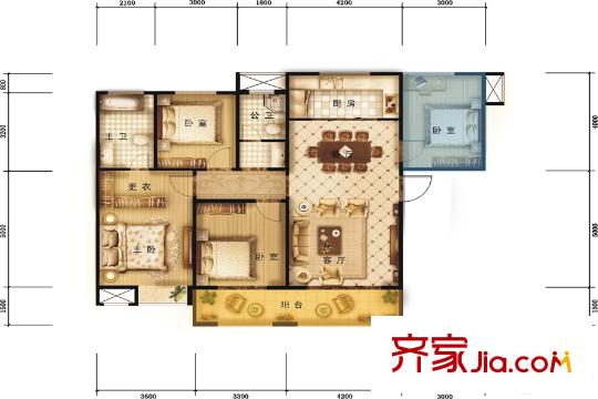 秦嶺北麓1號樓戶型 3室2廳2衛(wèi)1廚