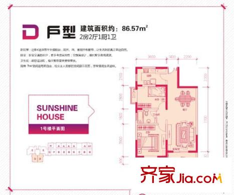 水半灣D戶型圖 2室2廳1衛(wèi)1廚
