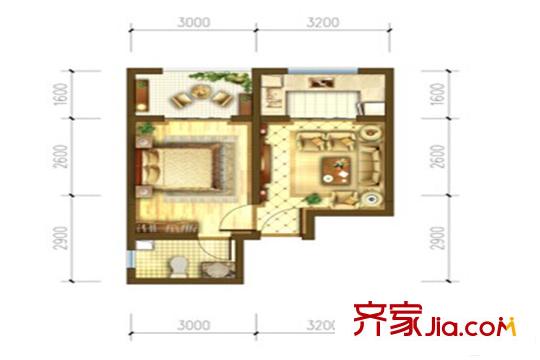 水半灣4-2#樓43平一室戶型 1室1廳1衛(wèi)
