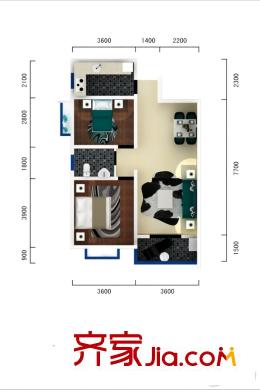 水半灣3期2號(hào)樓A戶型 2室2廳1衛(wèi)1廚