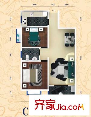 水半灣三期大泊境 C戶型圖 2室2廳1衛(wèi)1廚