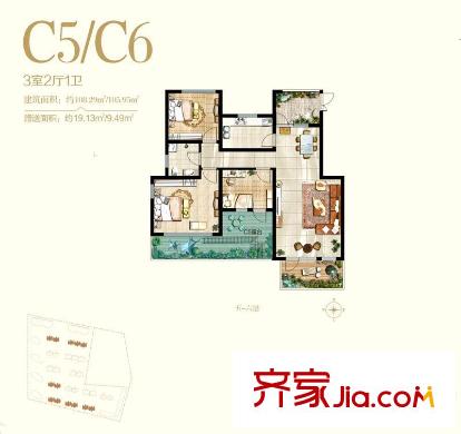 陸港?金海岸花園洋房9#10#C5C6戶型 3室2廳1衛(wèi)1廚