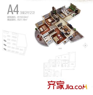 陸港?金海岸河景高層5#6#A4戶型 3室2廳2衛(wèi)1廚