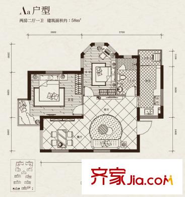 晶城秀府1號樓 Aa戶型（售完） 2室2廳1衛(wèi)1廚