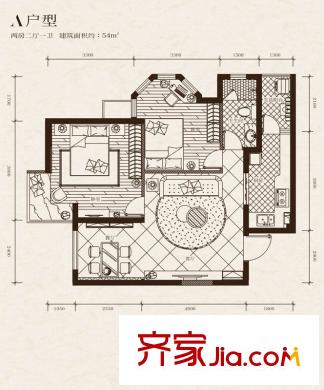 晶城秀府A戶型標準層戶型圖（售完） 2室2廳1衛(wèi)1廚