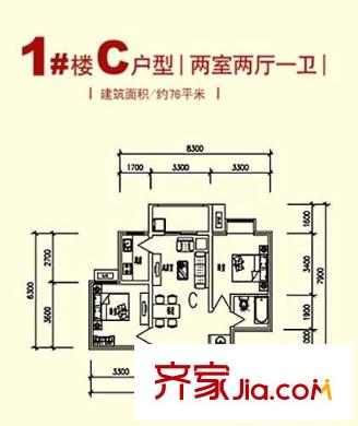 中國(guó)?鐵建瑞園1號(hào)樓C戶型 2室2廳1衛(wèi)1廚