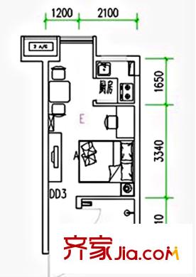 中國?鐵建瑞園305室標(biāo)準(zhǔn)層戶型圖 1室1廳1衛(wèi)1廚