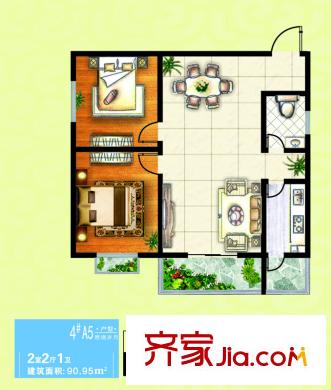 濱河御園4號樓A5戶型 2室2廳1衛(wèi)1廚